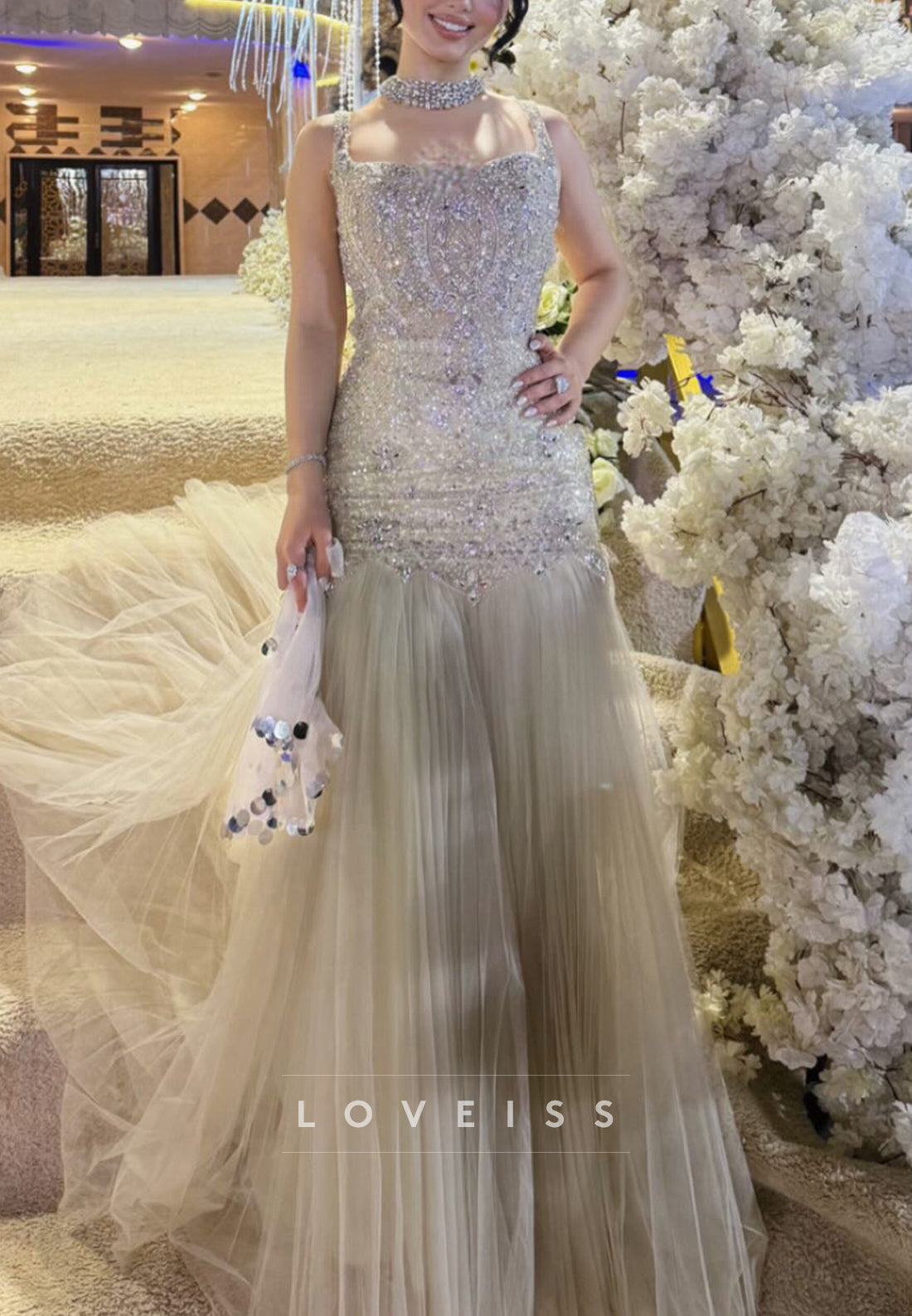 Beaded Mermaid Evening Gown with Pleated Tulle Skirt
