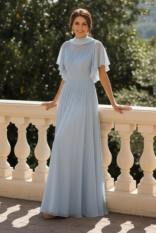Beaded A-Line Chiffon Gown with Flutter Sleeves