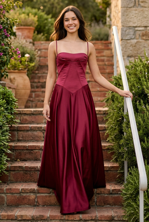 Corset Satin Maxi Dress with Lace-Up Back