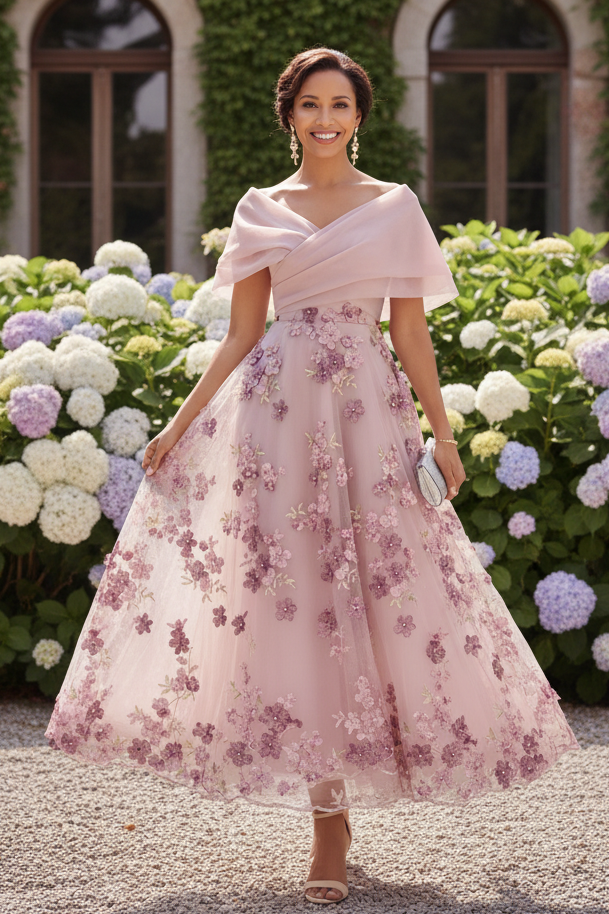 Off-Shoulder Floral Applique Tulle A-Line Dress