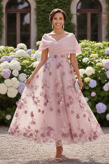 Off-Shoulder Floral Applique Tulle A-Line Dress