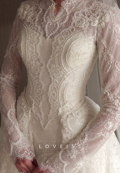 Long-Sleeve Pearl Lace High-Neck A-Line Wedding Dress