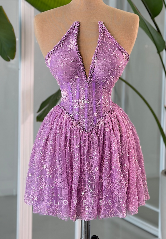 Halter Neck Sequin Lace Corset Mini Dress