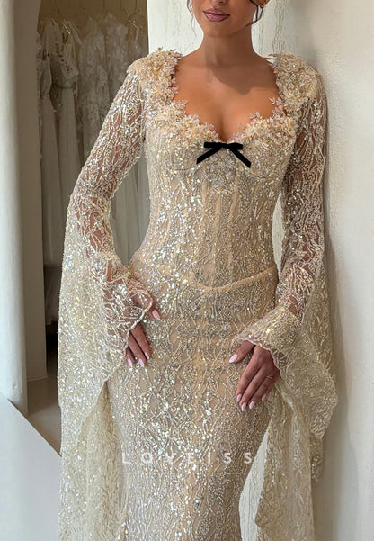 Sequin Lace Mermaid Gown with Split Cape Sleeves