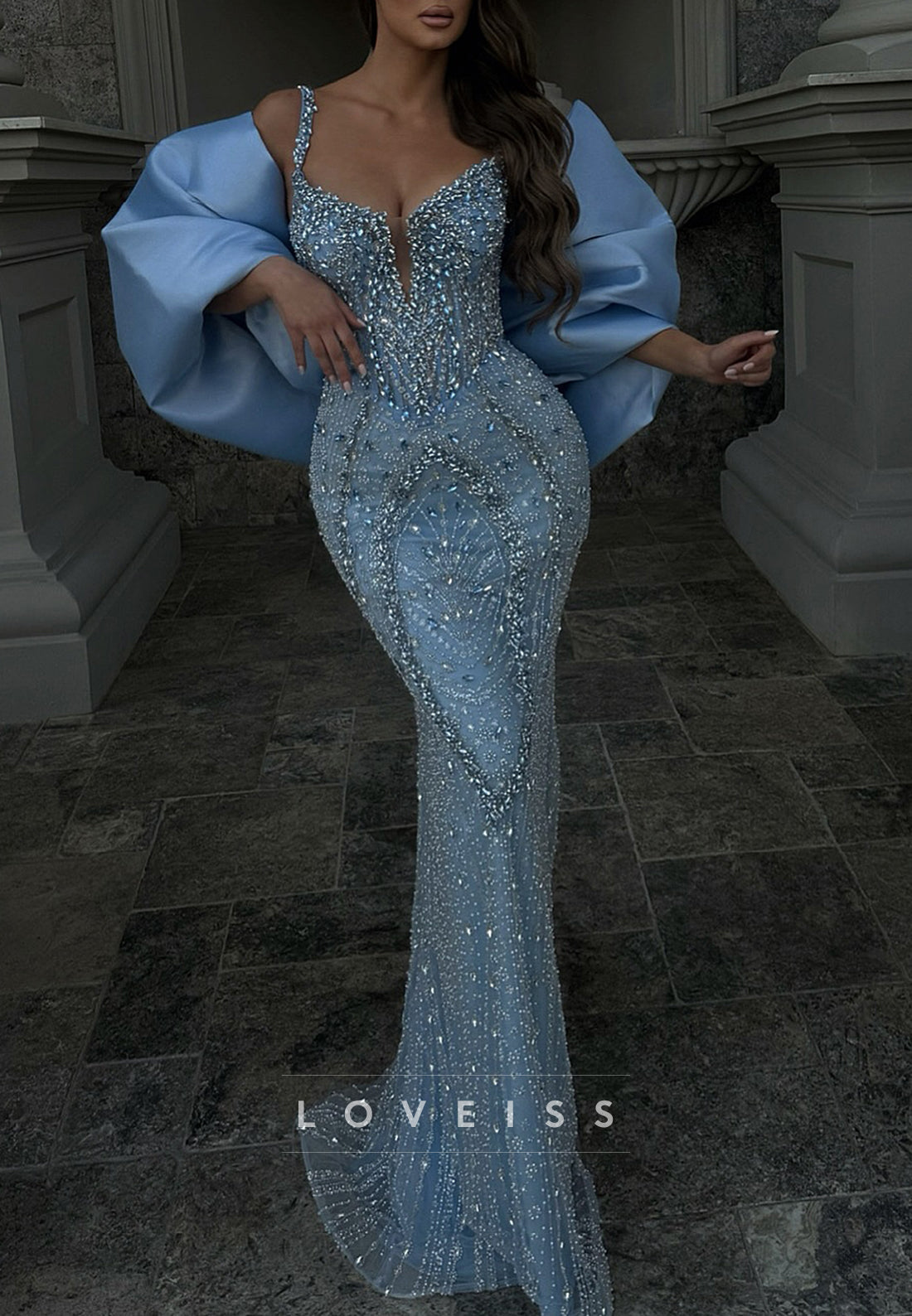 Beaded Plunging Gown with Puff Shawl Sleeves