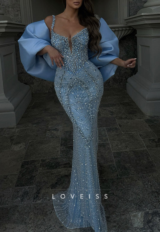 Beaded Plunging Gown with Puff Shawl Sleeves