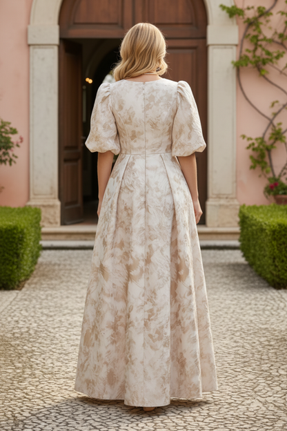 Puff Sleeve Pleated Jacquard Maxi Dress
