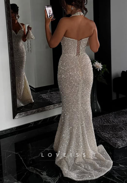 Halter Sequin Mermaid Evening Gown with Lace-Up Back