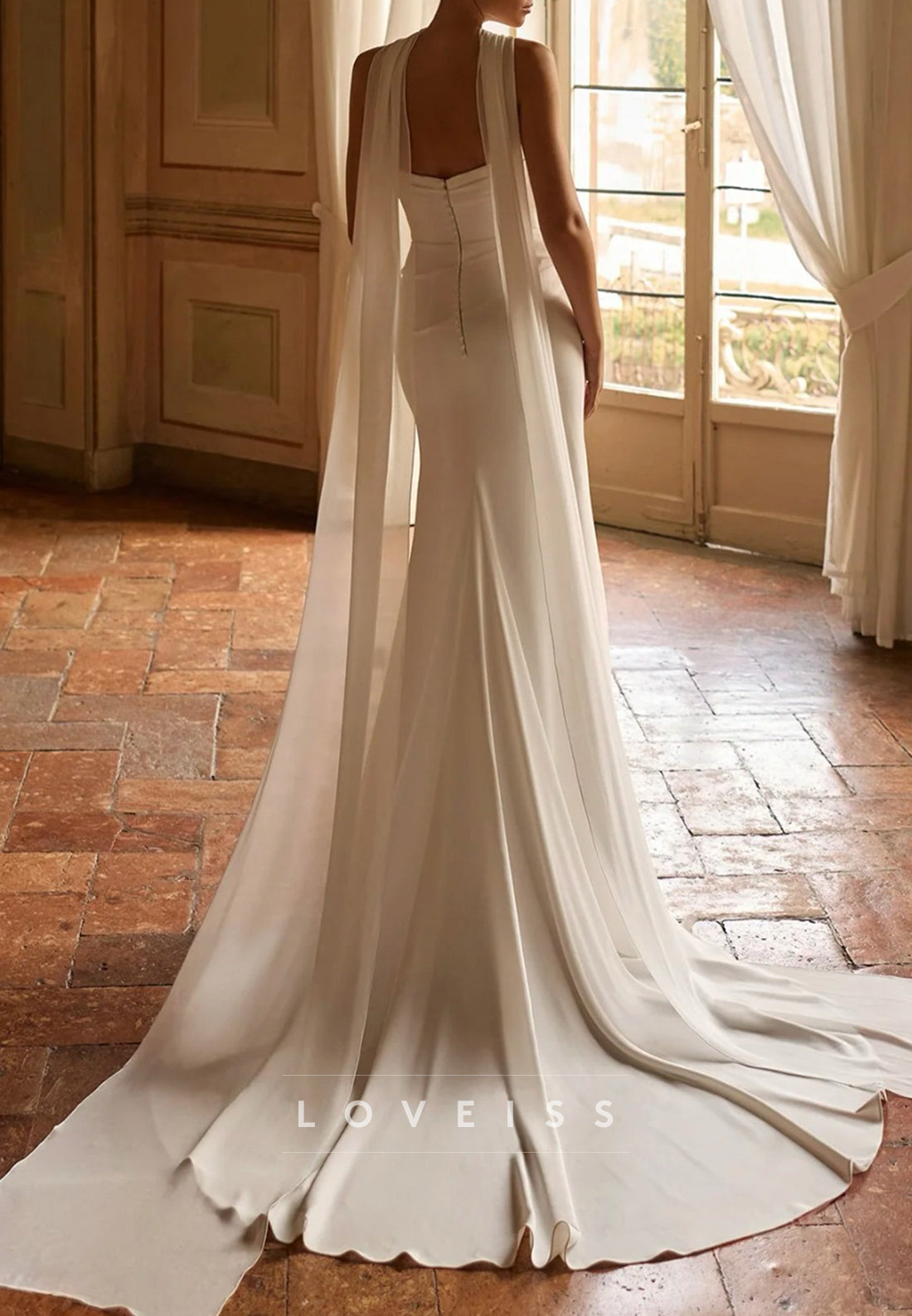 Minimalist Strapless Wedding Dress with Chiffon Cape