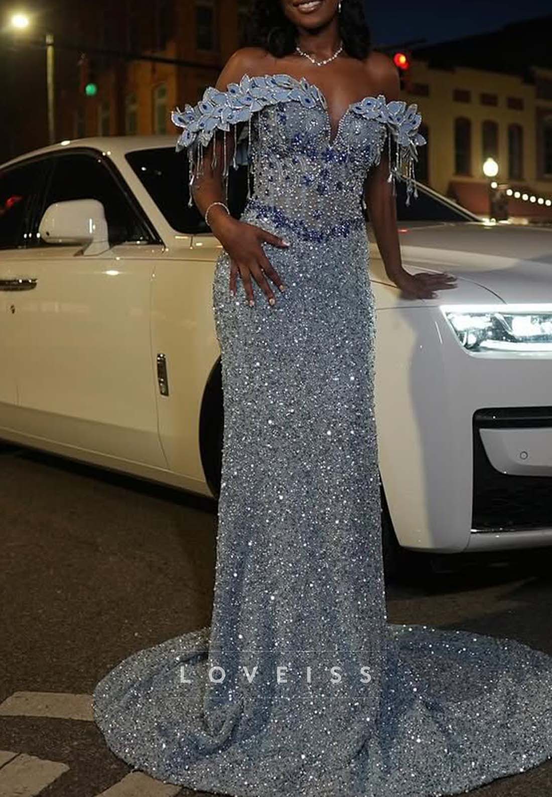 Beaded Off-the-Shoulder Sequin Mermaid Gown
