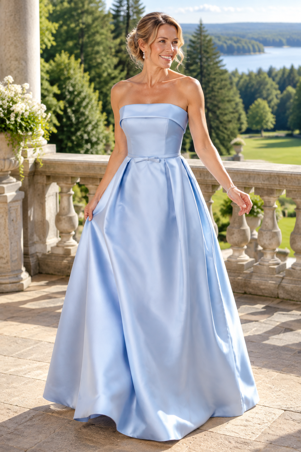 Strapless Pleated Satin A-Line Gown with Bow