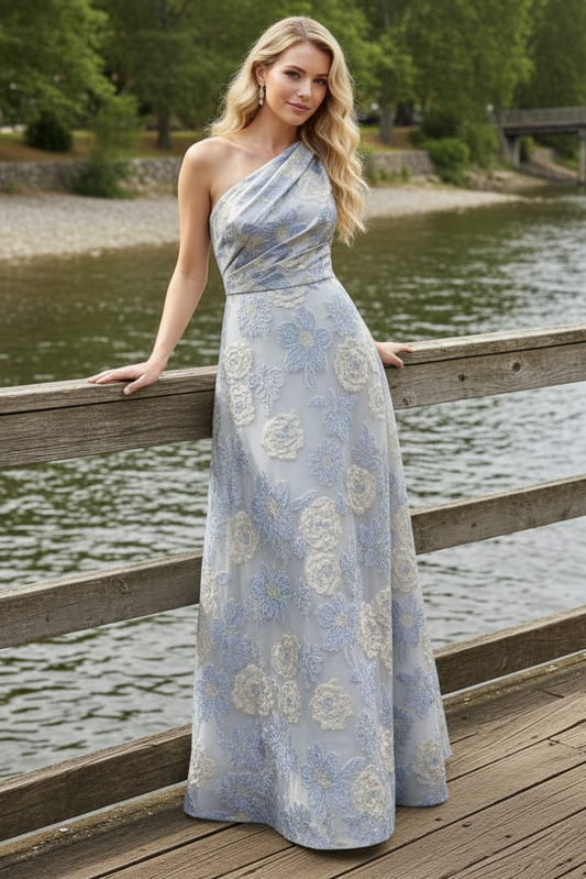 One-Shoulder Floral Jacquard A-Line Gown