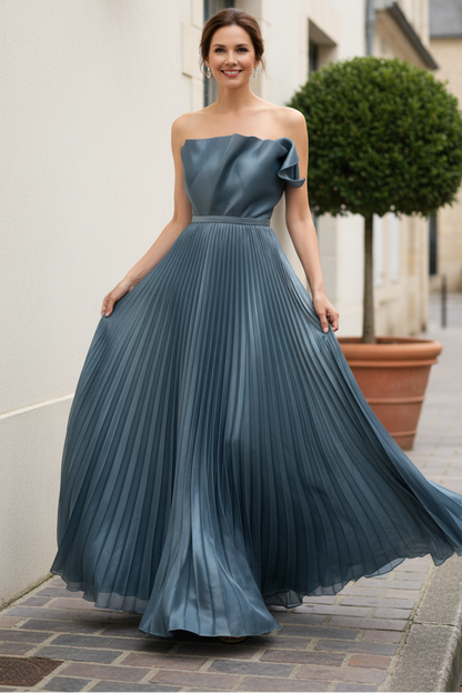 Strapless Pleated Satin Gown with Ruffle Detail