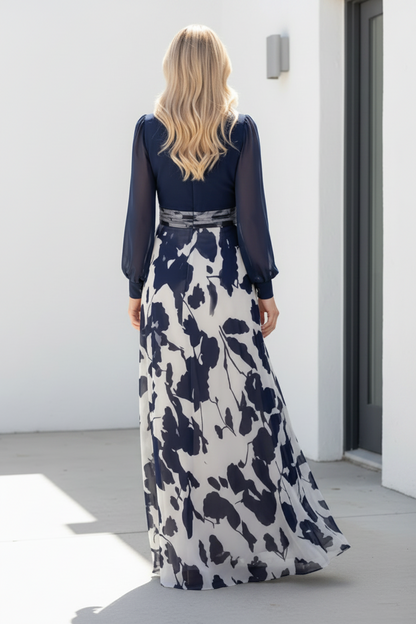 Floral Chiffon A-Line Maxi Dress with Long Sleeves