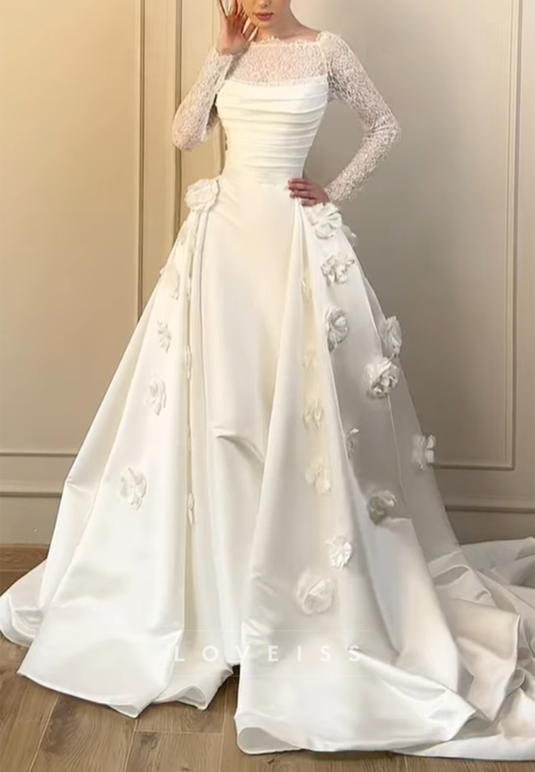 Illusion Long Sleeve 3D Floral Ball Gown