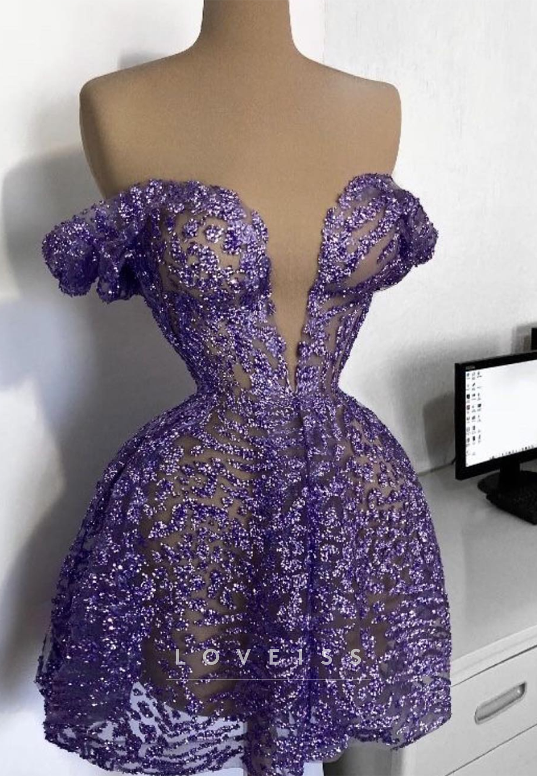 Off-the-Shoulder Glitter Illusion Mini Party Dress