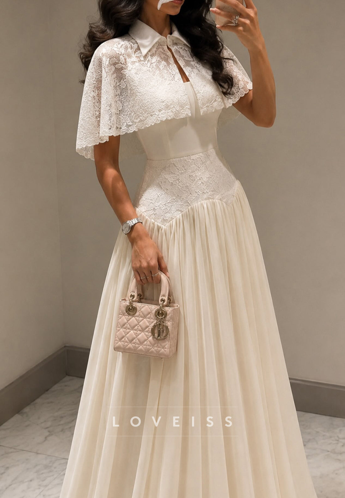 Lace Capelet Pleated Maxi Dress