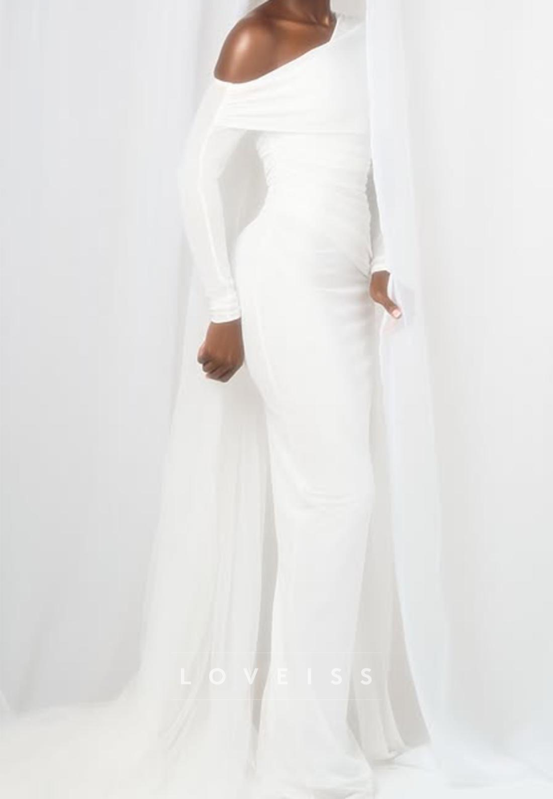 One-Shoulder Long Sleeve Gown with Draped Train