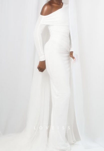 One-Shoulder Long Sleeve Gown with Draped Train