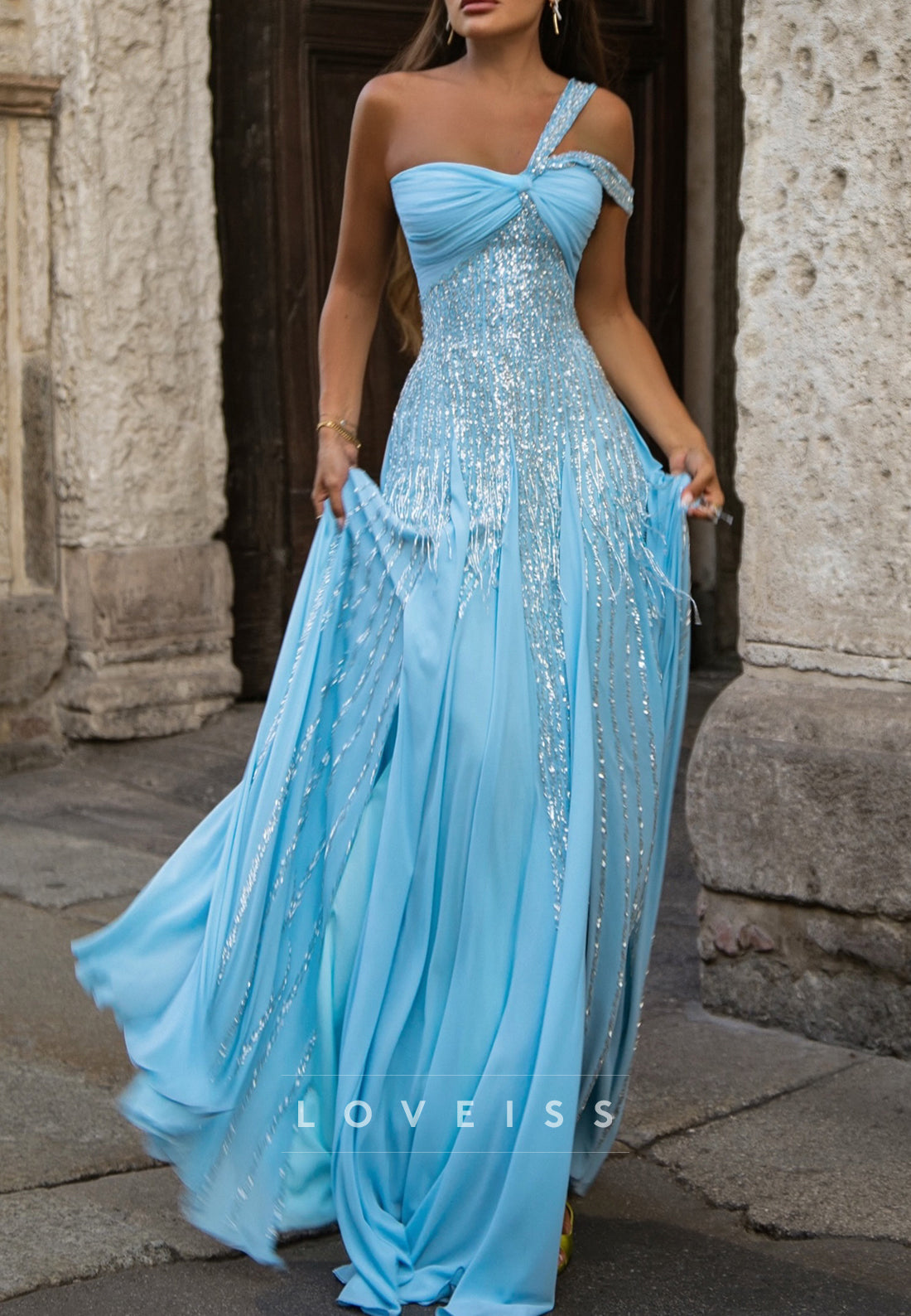 One-Shoulder Sequin Fringe A-Line Evening Gown