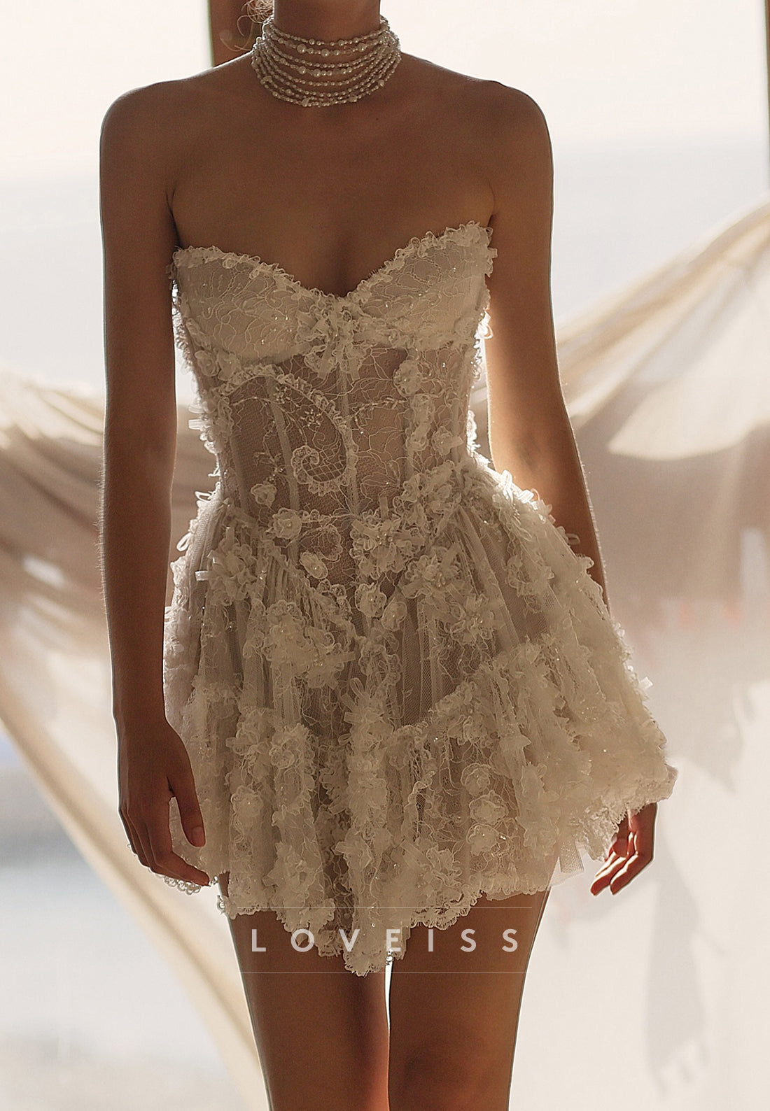 Strapless Corset 3D Floral Lace Tiered Mini Dress