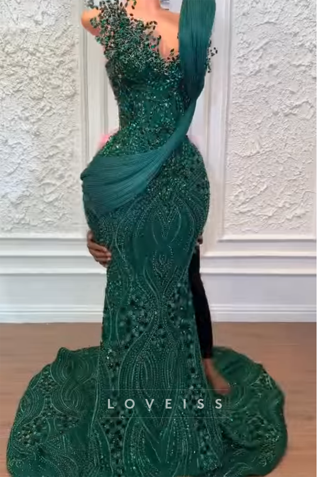 Beaded Mermaid Gown with Pleated Shoulder Accent