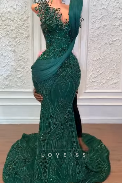 Beaded Mermaid Gown with Pleated Shoulder Accent