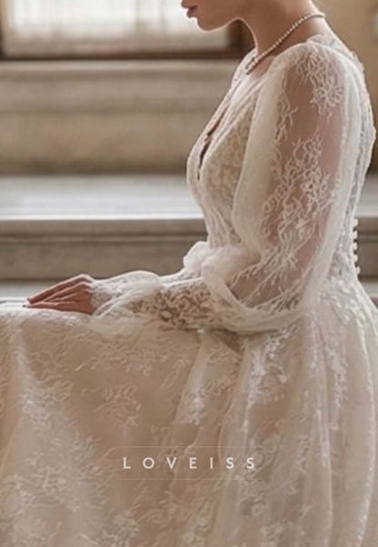 A-Line Lace Wedding Dress with Bishop Sleeves