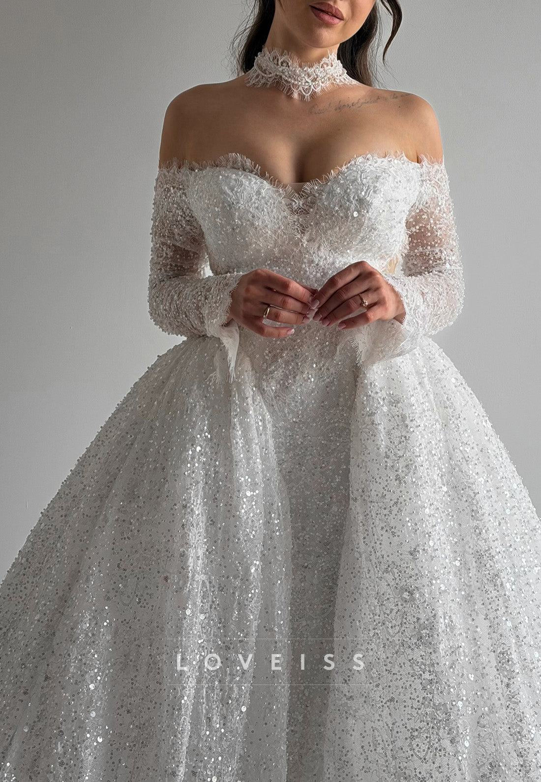 Glitter Off-the-Shoulder Ball Gown Wedding Dress