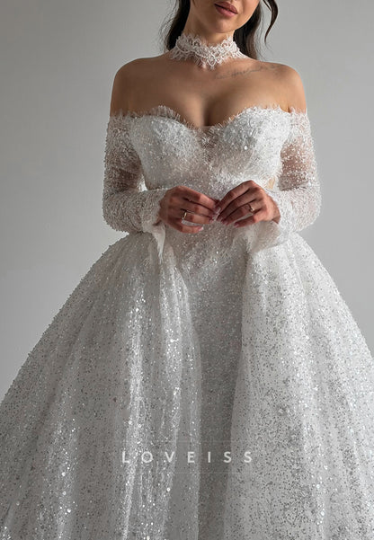Glitter Off-the-Shoulder Ball Gown Wedding Dress