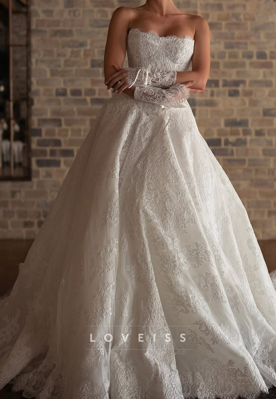 Strapless Lace Ball Gown Wedding Dress with Train