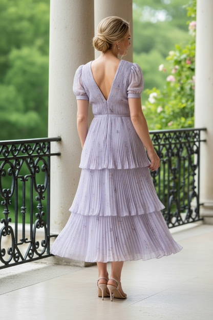 Pleated Tiered Floral Midi Dress with Puff Sleeves