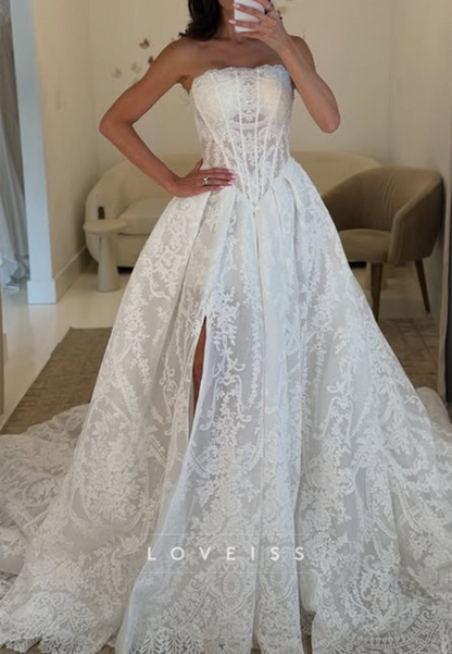 Strapless Lace Ball Gown Wedding Dress with Slit