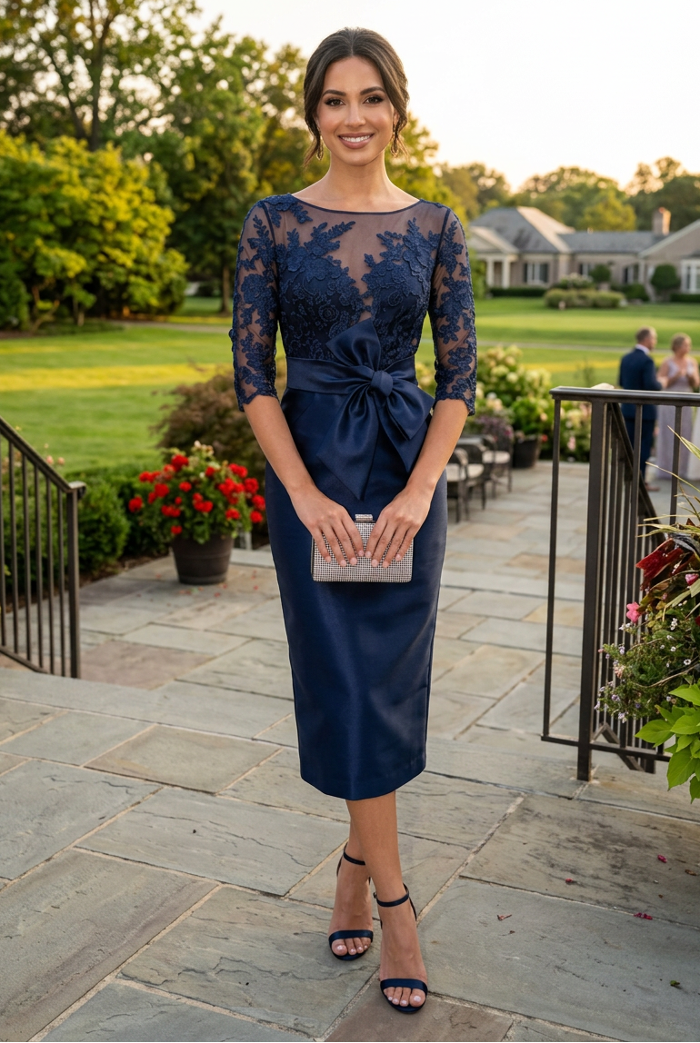 Lace & Satin Midi Sheath Dress with Bow