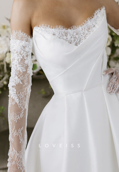 Off Shoulder Lace Sleeve A-Line Wedding Dress with Train
