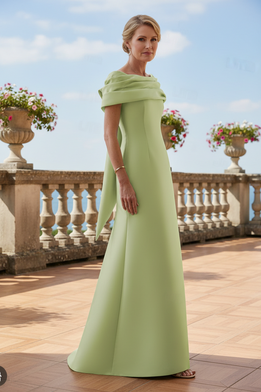 Off-The-Shoulder Satin Evening Gown with Back Bow