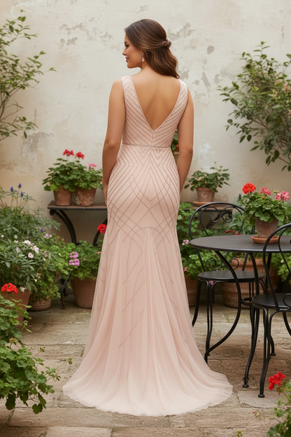 Art Deco Beaded V-Neck Open Back Gown