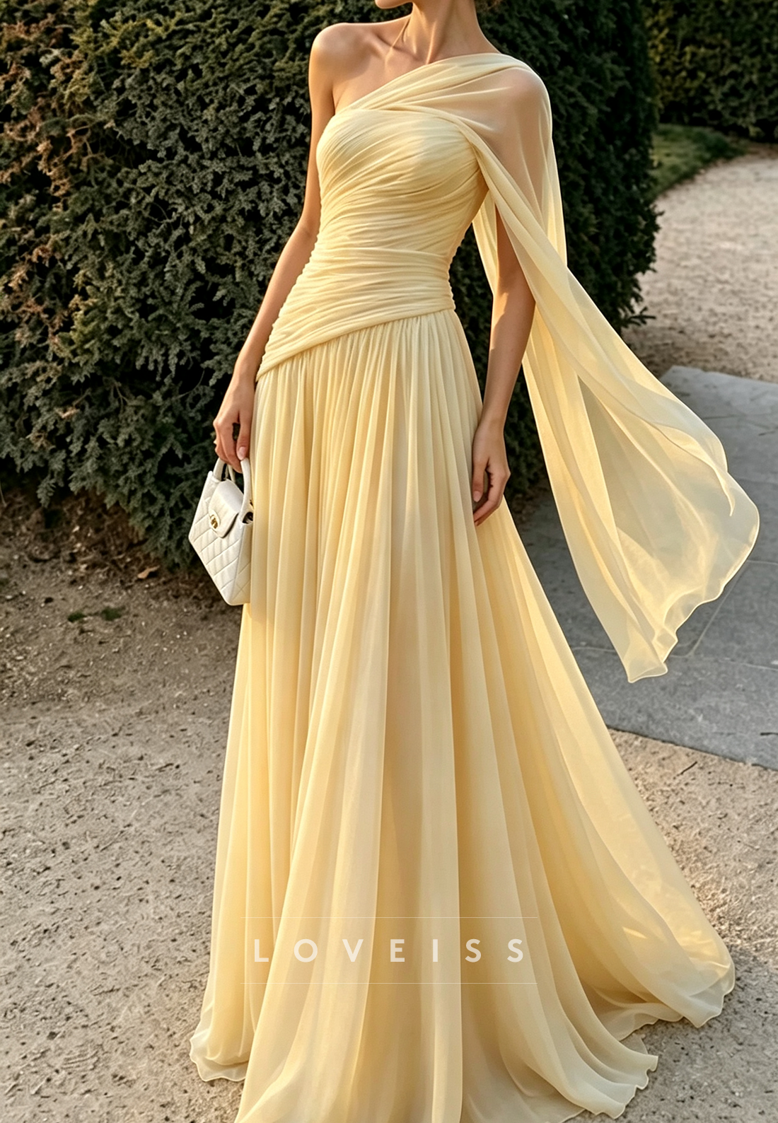 One Shoulder Chiffon A-Line Evening Gown with Cape Sleeve
