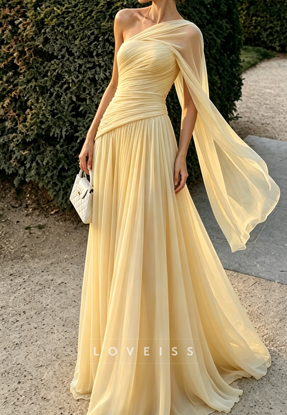 One Shoulder Chiffon A-Line Evening Gown with Cape Sleeve