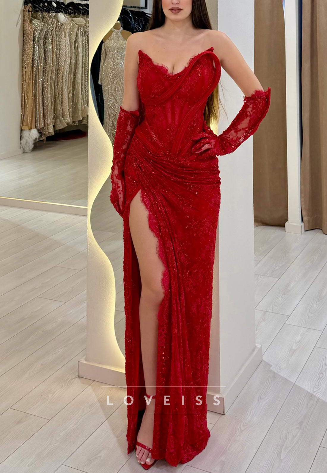 Strapless Lace Corset Gown with High Slit
