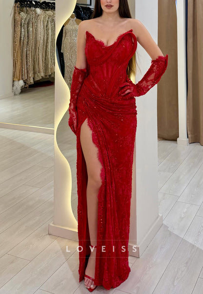 Strapless Lace Corset Gown with High Slit