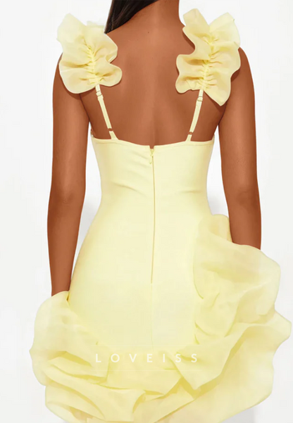 3D Flower Strap Ruffled Organza Mini Party Dress