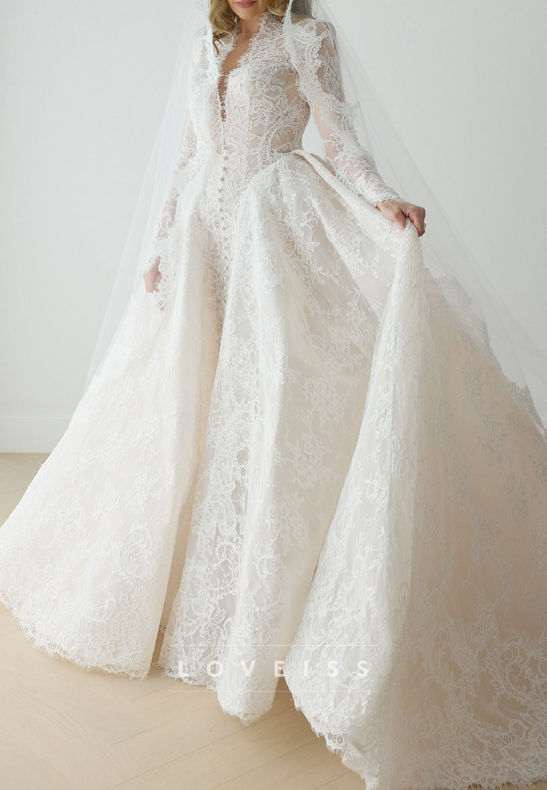 Long Sleeve Lace Wedding Gown with Overskirt