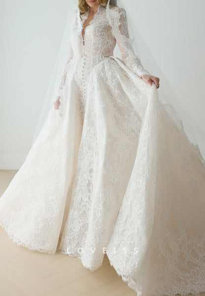 Long Sleeve Lace Wedding Gown with Overskirt