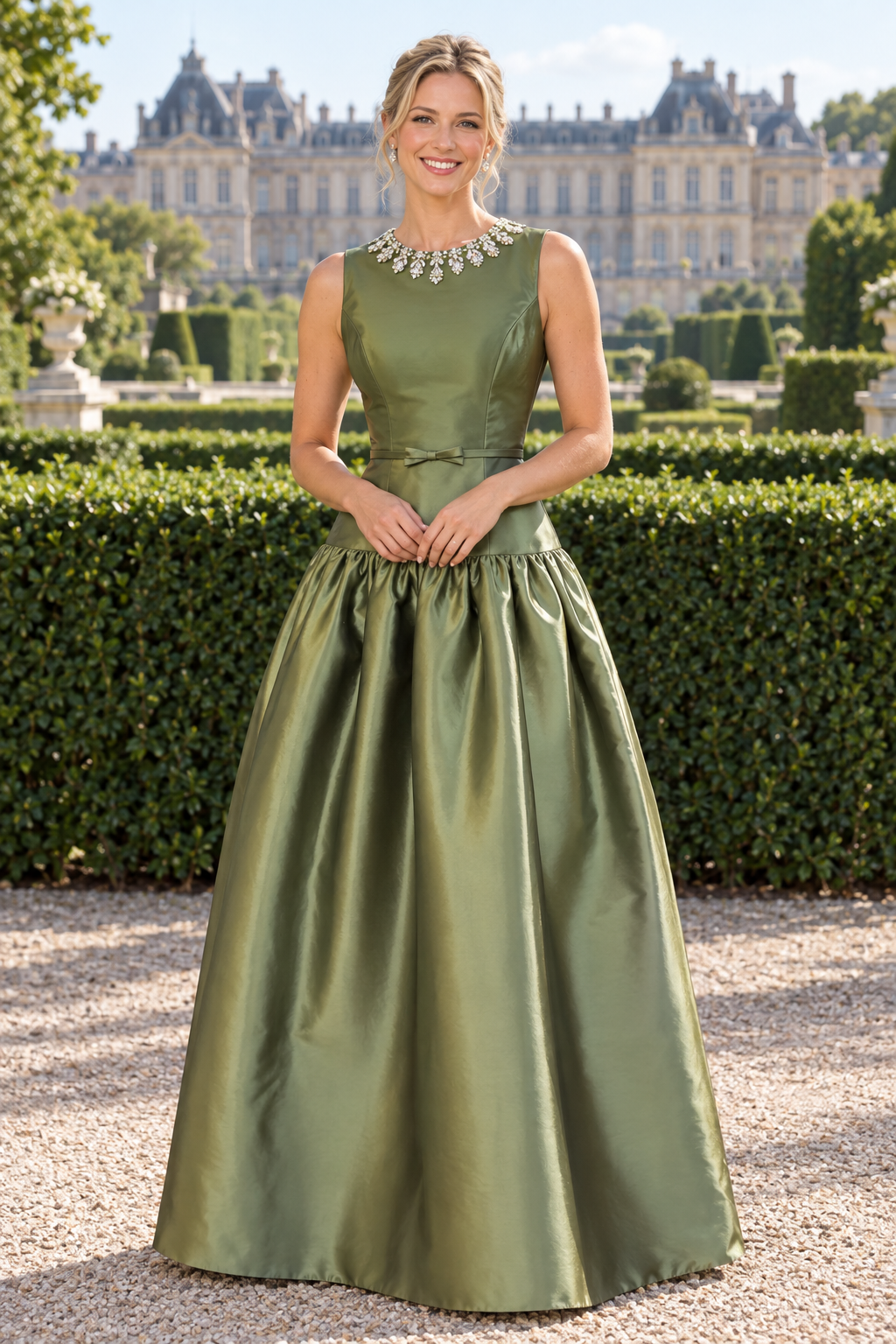 Embellished Neckline Drop-Waist Ball Gown