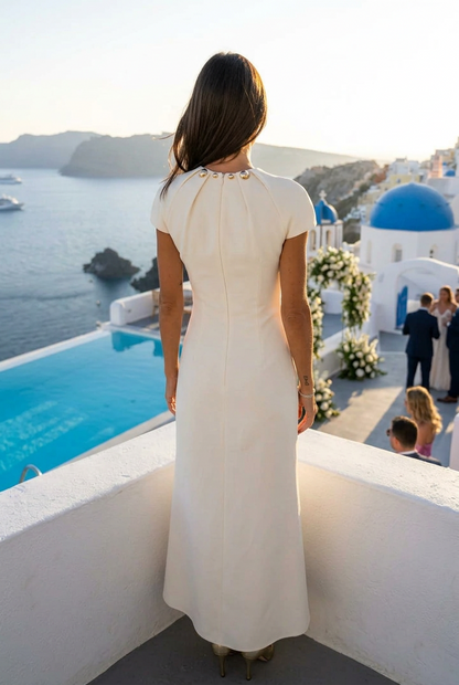 Pleated High Neck Maxi Dress with Cap Sleeves