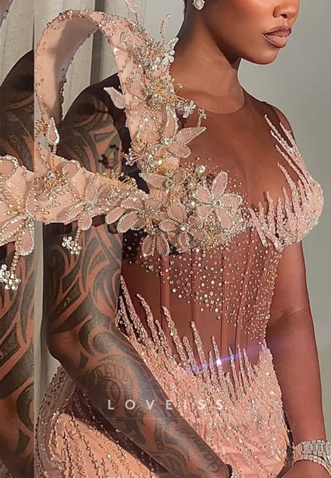 Beaded Illusion Corset Gown with High Slit