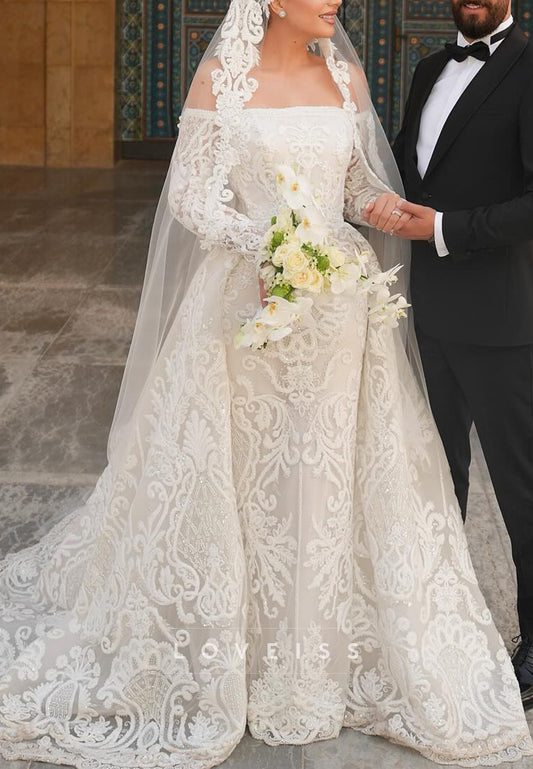 Off-the-Shoulder Lace Wedding Dress with Overskirt