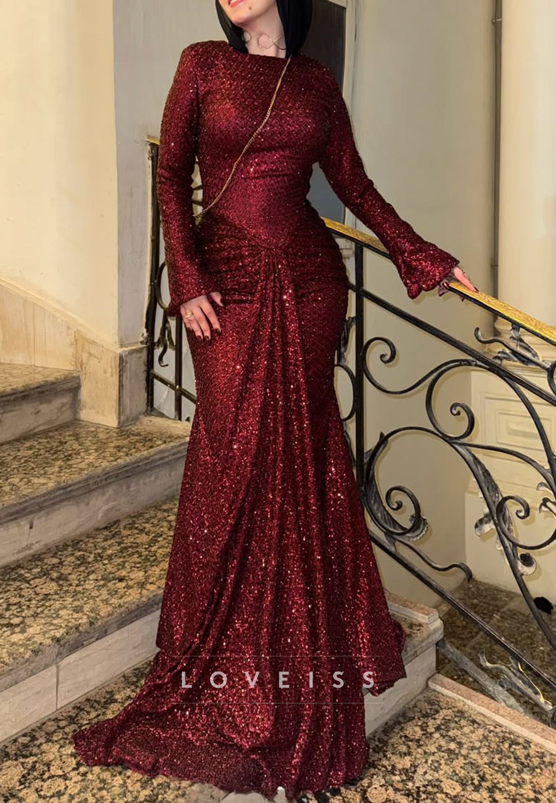 Long Sleeve High Neck Sequin Mermaid Evening Gown