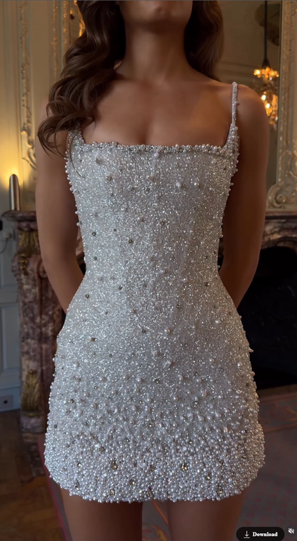 Pearl & Crystal Beaded Spaghetti Strap Mini Dress